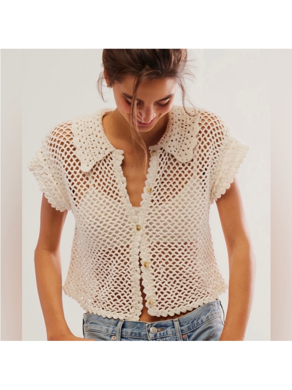 Free People Cream Crochet Mesh Short Sleeve Top